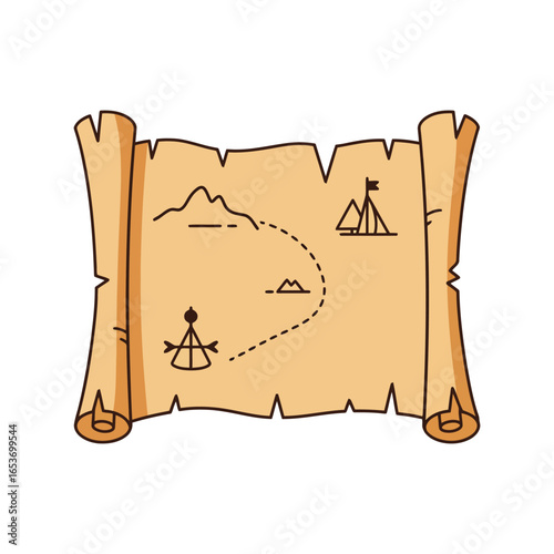 Vintage treasure map scroll pirate adventure quest old parchment navigation exploration route isolated vector graphic