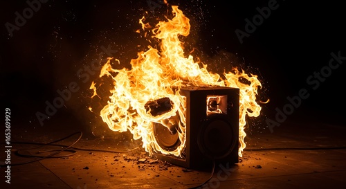 Speaker on Fire Burning Bright with Flames and Sparks in Dark Room