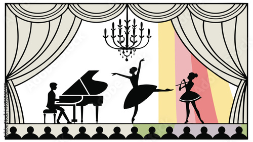 Elegant Silhouette Ballet Performance: Pianist, Flutist, and Ballerina on Stage with Art Deco Curtains and Chandelier, Performing for an Appreciative Audience.