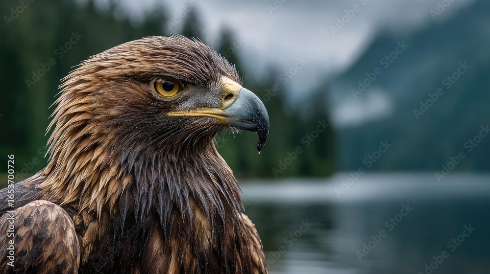 Fototapeta premium Beautiful golden eagle head detail concept. Close-up of a majestic eagle in a serene natural setting.