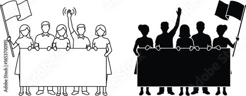 Protest march vector illustration with banner and flag icon