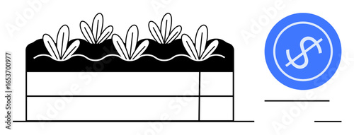 Plants grow in layered soil, paired with a dollar sign, symbolizing agricultural value, eco-investments, sustainability, resources, growth, profitability, and the economy presented as a simple flat