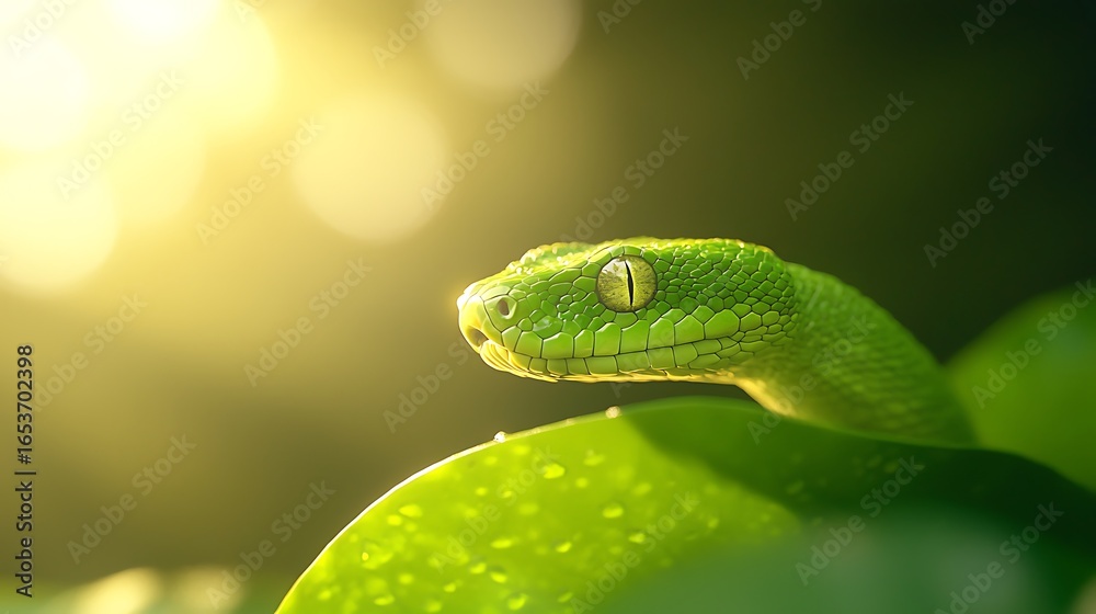 Obraz premium Vibrant green pit viper emerging from lush foliage in golden sunlight