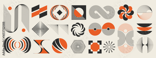Abstract minimal element mid century vector set. Aesthetic contemporary stripe line art, vintage geometric shape in monochrome and orange. Atomic age Art form design for wall art, decoration.