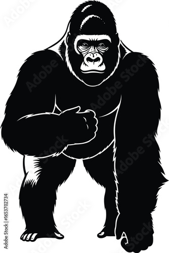 Silhouette of a large, powerful gorilla.