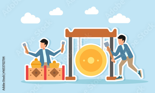 Young man playing traditional gamelan while others strike gong illustration of appreciation for music day celebration or music festival