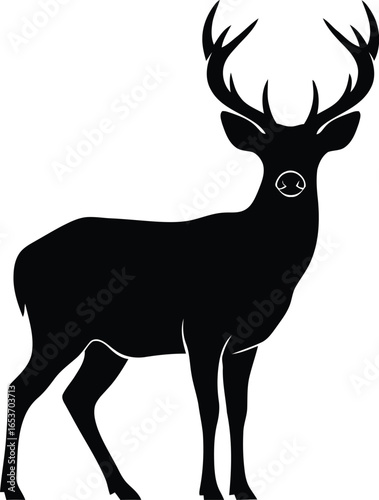 A striking black silhouette of a majestic stag with impressive antlers, standing proudly against a white background.