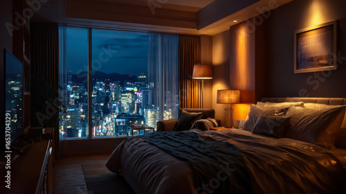 Cozy hotel room interior with city skyline view at night