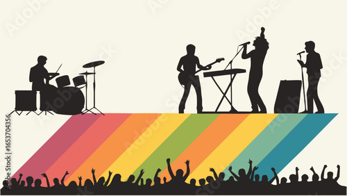 Energetic Silhouette Band Performing on Stage with Enthusiastic Crowd, Retro Rainbow Design, Vibrant Music Concert Illustration, Joyful and Upbeat Mood,  Live Music Event Stock Photo.