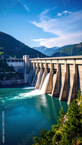 Dam cascading water into a vibrant blue lake