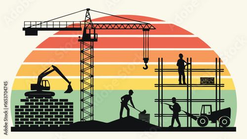 Construction Workers Silhouette at Sunset: Retro Style Illustration Featuring Crane, Excavator, and Scaffolding, Depicting Teamwork and Hard Work in the Building Industry.