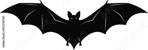 A black silhouette of a bat with its wings spread wide, isolated on a white background.