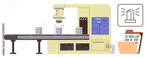 Factory conveyor system moving boxes under robotic scanner, control panel, alert sign, and data folder. Ideal for manufacturing, automation, quality control, supply chain, AI logistics industry