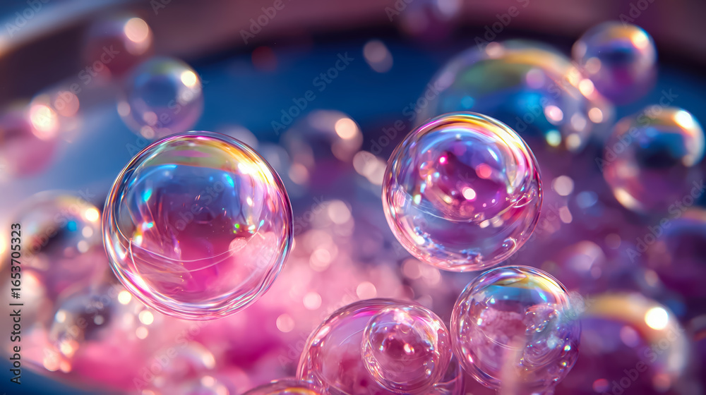 Iridescent soap bubbles floating in dreamy colorful light Iridescent soap bubbles floating in dreamy colorful light