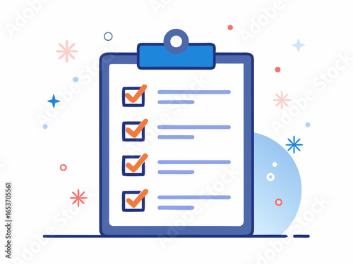 Modern flat style checklist design with clipboard, check marks, colorful presents and holiday theme