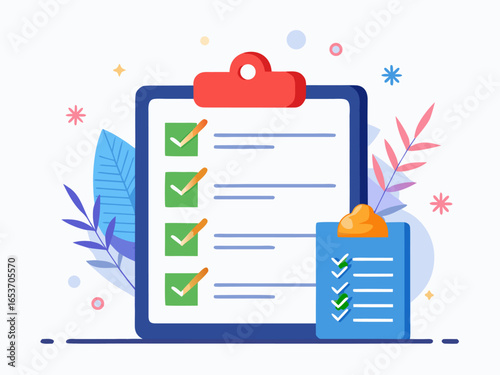 Modern flat style checklist design with clipboard, check marks, colorful presents and holiday theme
