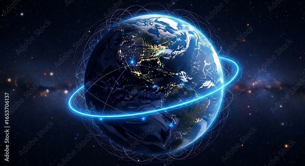 Obraz premium Digital global network connecting the earth with blue light in space
