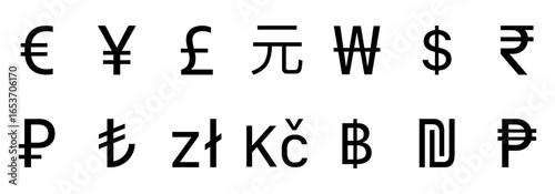 collection of currency symbols arranged in two rows.Euro, Yen, Pound, Yuan, Won, Dollar, and Rupee, Ruble, Lira, Zloty, Koruna , Bitcoin,Naira and Peso 