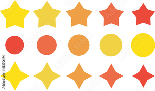Set of colorful rating icons with stars, circles, and diamonds in gradient tones from yellow to red. 