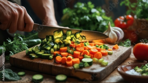 Chef's Hand Slicing Fresh Vegetables on Wooden Cutting Board, Close-Up