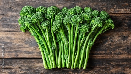 Fresh green broccoli stalks on a rustic wooden table