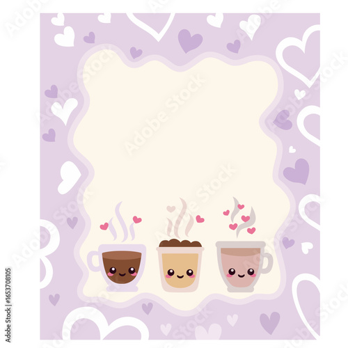 Cute coffee cups with hearts in purple frame, romantic kawaii illustration for Valentine, love greeting cards, and festive celebration design.
