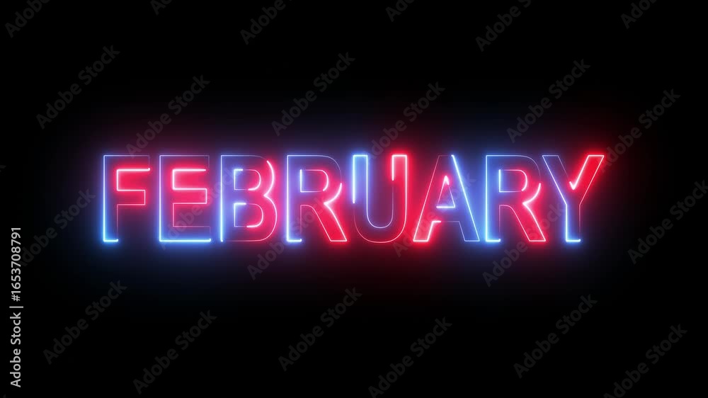 Glowing colorful light neon text month of February. Abstract glowing February month text neon light effect background animation. Glowing colorful light neon text month of February. Abstract glowing February month text neon light effect background animation.