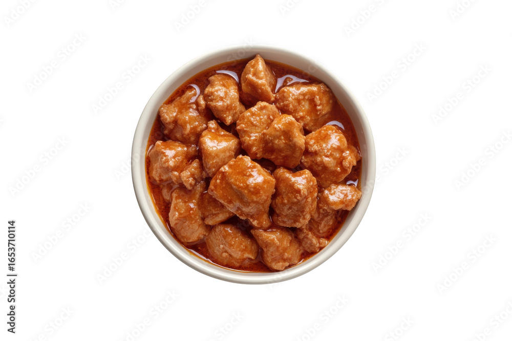 Delicious general tso chicken in bowl, chinese food, asian cuisine, takeout food, tasty meal, dinner, lunch, isolated on transparent background