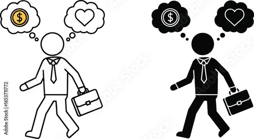 Business man choice between money and love vector illustration