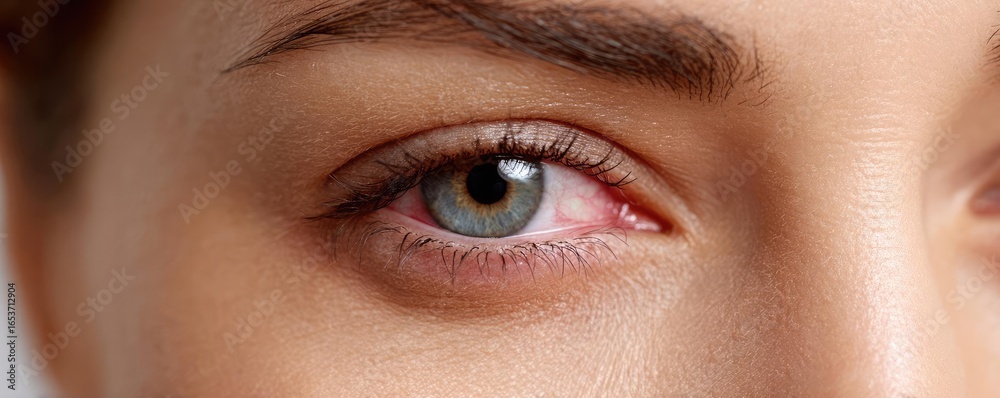 Naklejka premium Swollen bags under circles and irritation concept. Close-up of a woman's eye showcasing its natural beauty.