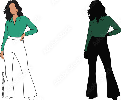 Woman in green shirt and white pants fashion illustration