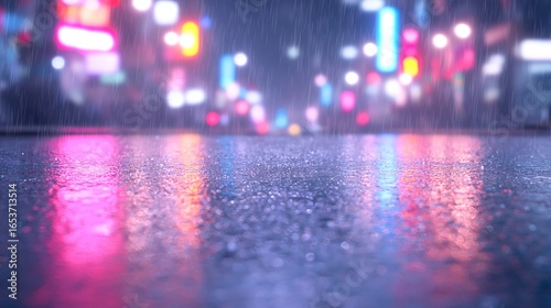 Rainy city night with neon reflections on wet pavement