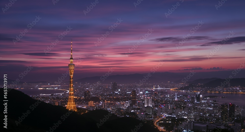 Obraz premium Illuminated Tower Over Night Cityscape at Sunset Stunning Panoramic View