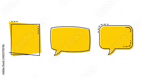 Three yellow speech bubbles with different shapes and styles on white background, representing communication and dialogue