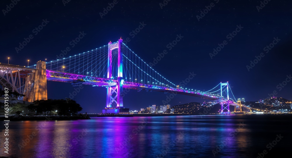 Fototapeta premium Illuminated Suspension Bridge at Night, Vibrant Colors, Cityscape Reflection
