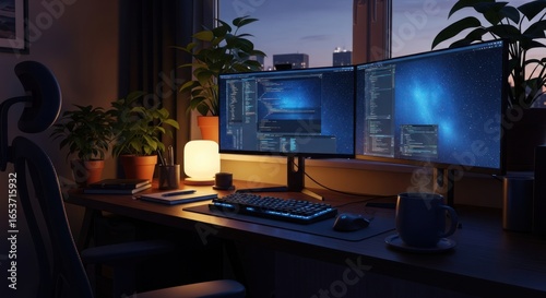 Cozy coding station illuminated by lamp with dual monitors and houseplants