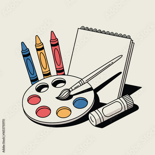 Art Supplies Still Life featuring Crayons Paintbrush Palette Notebook and Glue Stick perfect for Creative Projects and Educational Resources