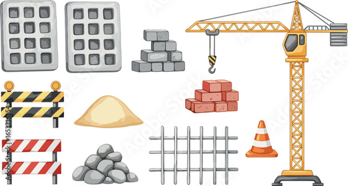Construction clip art Set Watercolor illustration. Hand drawn building materials on isolated background. Lifting crane and house frame drawing.