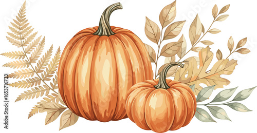 Pumpkin watercolor autumn illustration. Drawing of gourds with fall leaves on isolated background. 