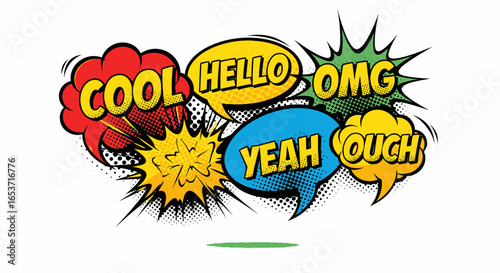 A vibrant burst of comic-inspired expression: Animated speech bubbles in a kaleidoscope of colors conveying lively reactions and emotions, capturing the energetic aesthetic of graphic novels and pop