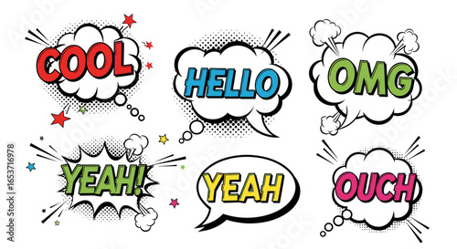 Dynamic collection of retro comic speech bubbles with halftone effects, conveying vibrant expressions and exclamations in a playful and colorful design suitable for graphic novel inspired projects