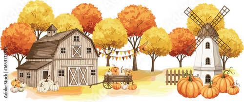 Watercolor Card Template with farm Landscape, pumpkins, windmill, and cart. Illustration of autumn rustic scene for thanksgiving or harvest invitations and seasonal greeting cards