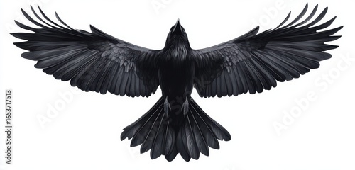 Soaring black raven with wings fully spread  

