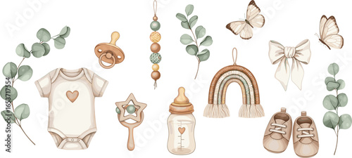 Watercolor illustration of childish seamless Border with baby items. Drawing of pattern with bodysuit, bottle, shoes, pacifier, eucalyptus and ribbon.