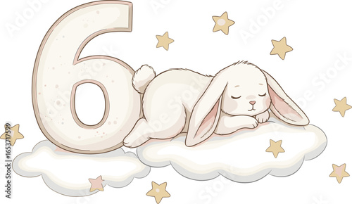 Watercolor illustration of cute Bunny sleeping on a cloud with stars and number Six for Birthday greeting cards or monthly milestone invitations in beige pastel colors.