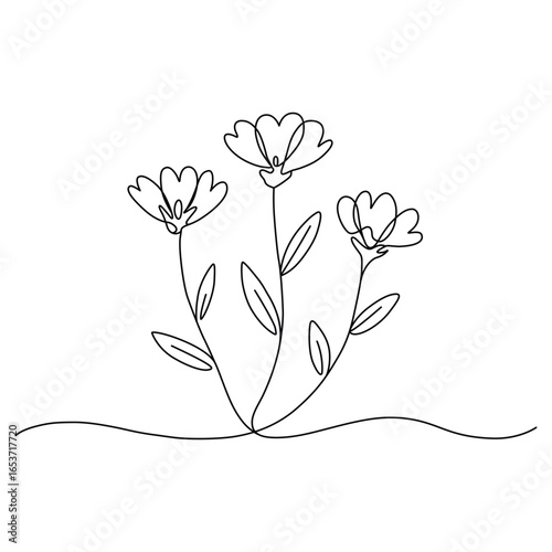Elegant line art illustration of three flowers with leaves creating a minimalist botanical design on a white background