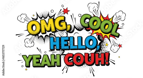 Vibrant comic book expressions bursting with playful energy and bold statements, capturing the essence of pop art and youthful enthusiasm on an energetic white canvas design
