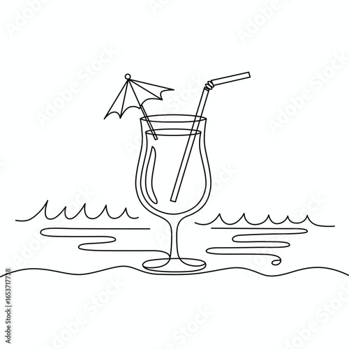 Elegant line art of a tropical cocktail with a straw and umbrella standing in water on a summer day vacation