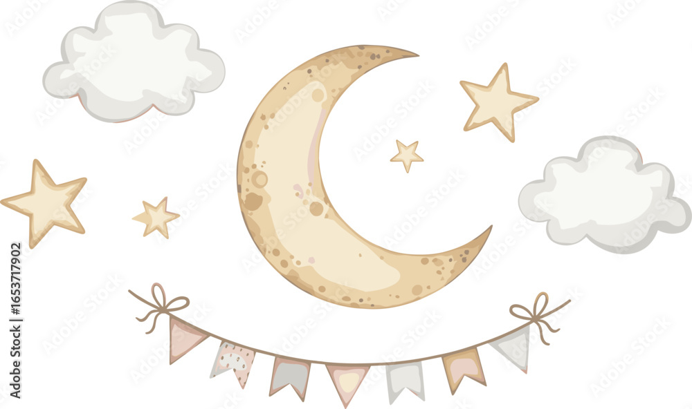Fototapeta premium Watercolor illustrations with moon, clouds, and stars. Drawing of garland in beige neutral colors for Baby shower invitations or newborn party greeting cards.