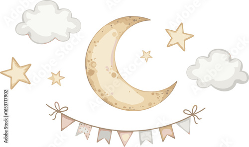 Watercolor illustrations with moon, clouds, and stars. Drawing of garland in beige neutral colors for Baby shower invitations or newborn party greeting cards.
